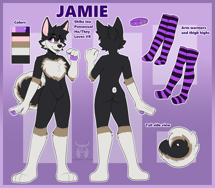 reference sheet for my fursona Jamie (artist: @Fleurrfur)